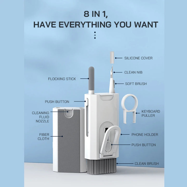 Kit de limpeza 8 em 1: escova de limpeza para teclado de computador, caneta de limpeza para fones de ouvido, ferramentas de limpeza para iPad e celulares, extrator de teclas.
