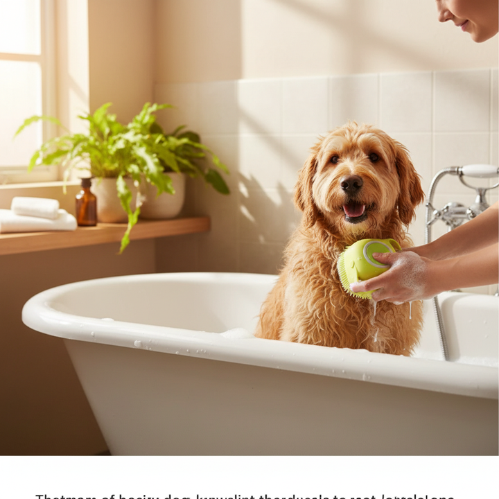 Lifestyle photo of dog bath brush in use