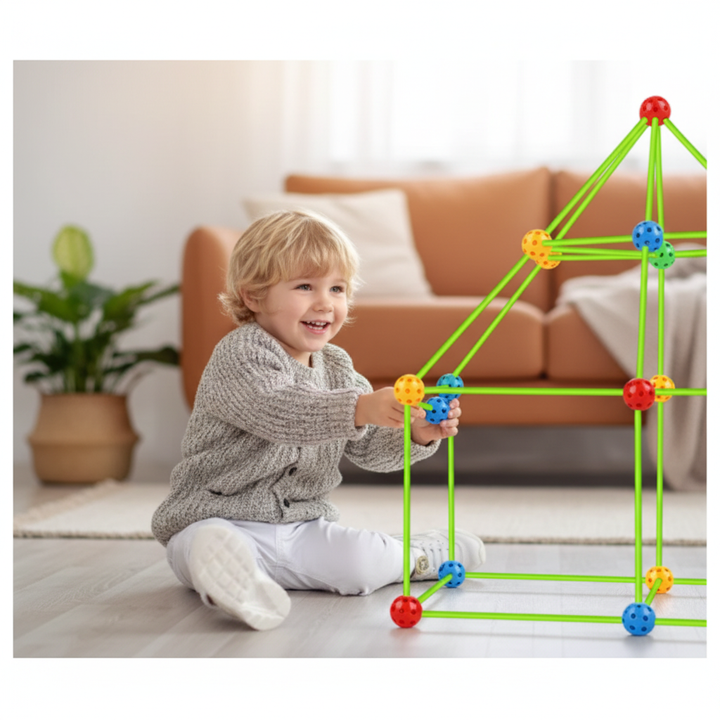 Lifestyle photo of child building fort with magnetic kit