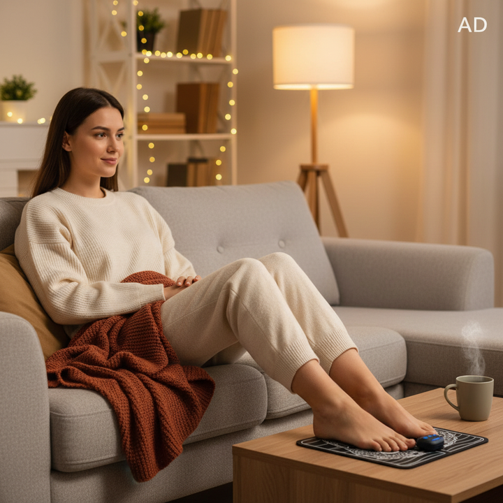 Lifestyle photo of woman using EMS foot massager at home