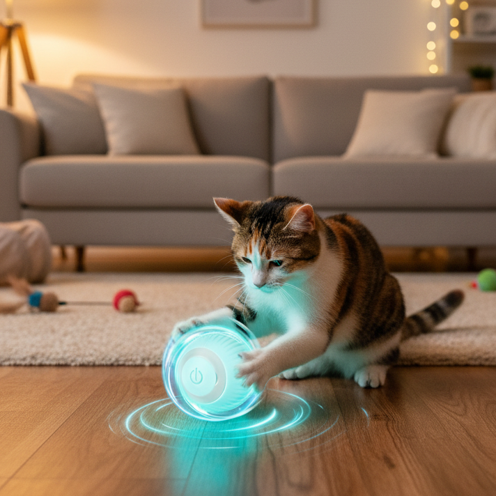 Lifestyle photo of cat playing with smart ball toy